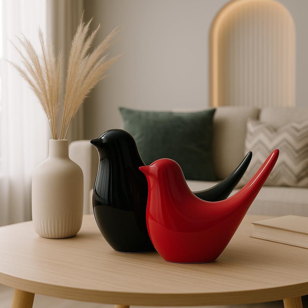 Creative Black and Red Glossy Ceramic Birds Figurines Home Decorations Accessories Party (Pack of 2, Black & Red)
