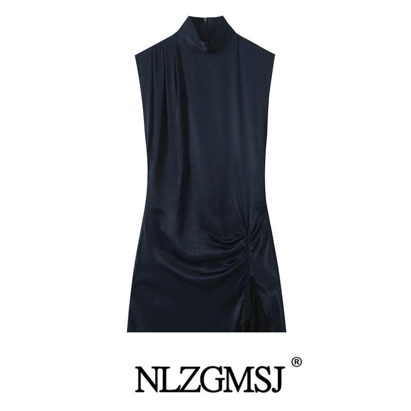 Winter 2025 European & American Style Lace Patchwork Silk Satin Mini Dress Extra Small