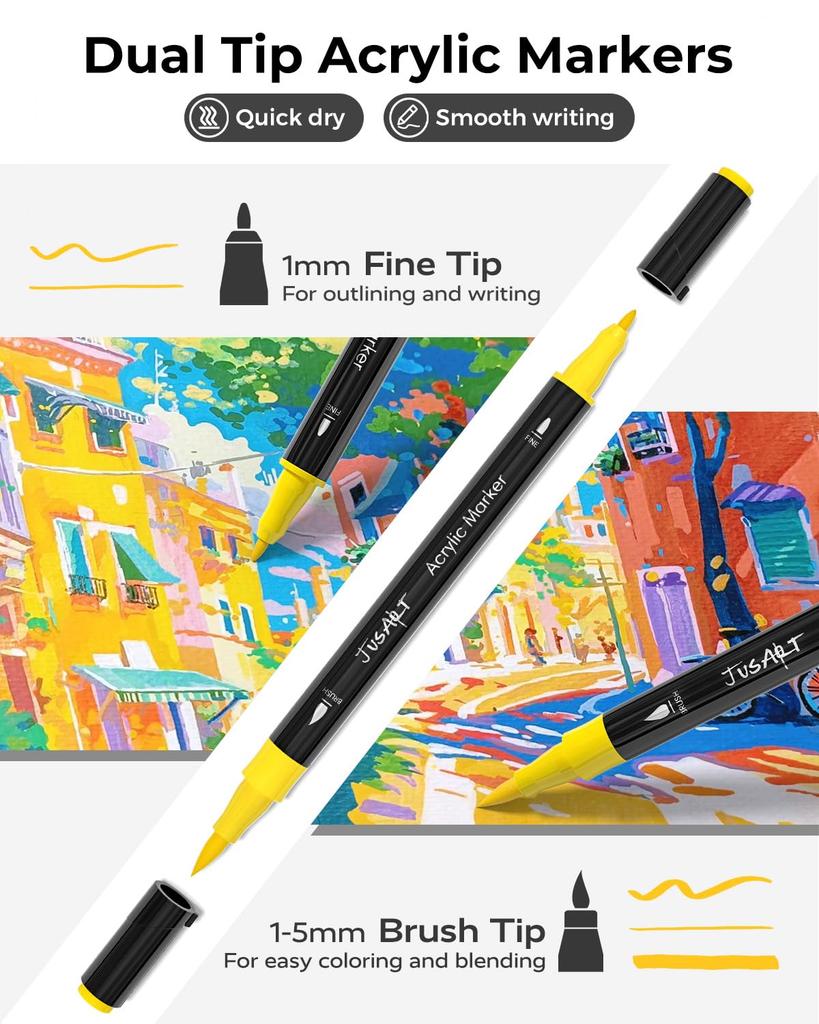 JusArt Acryl Marker Verf Markers met Kwastpunten Fijn en Fijn Acryl Kunst Geschikt voor en Metallic Cadeau Idee Pennen, 60-Kleuren Set, (Beide punten),