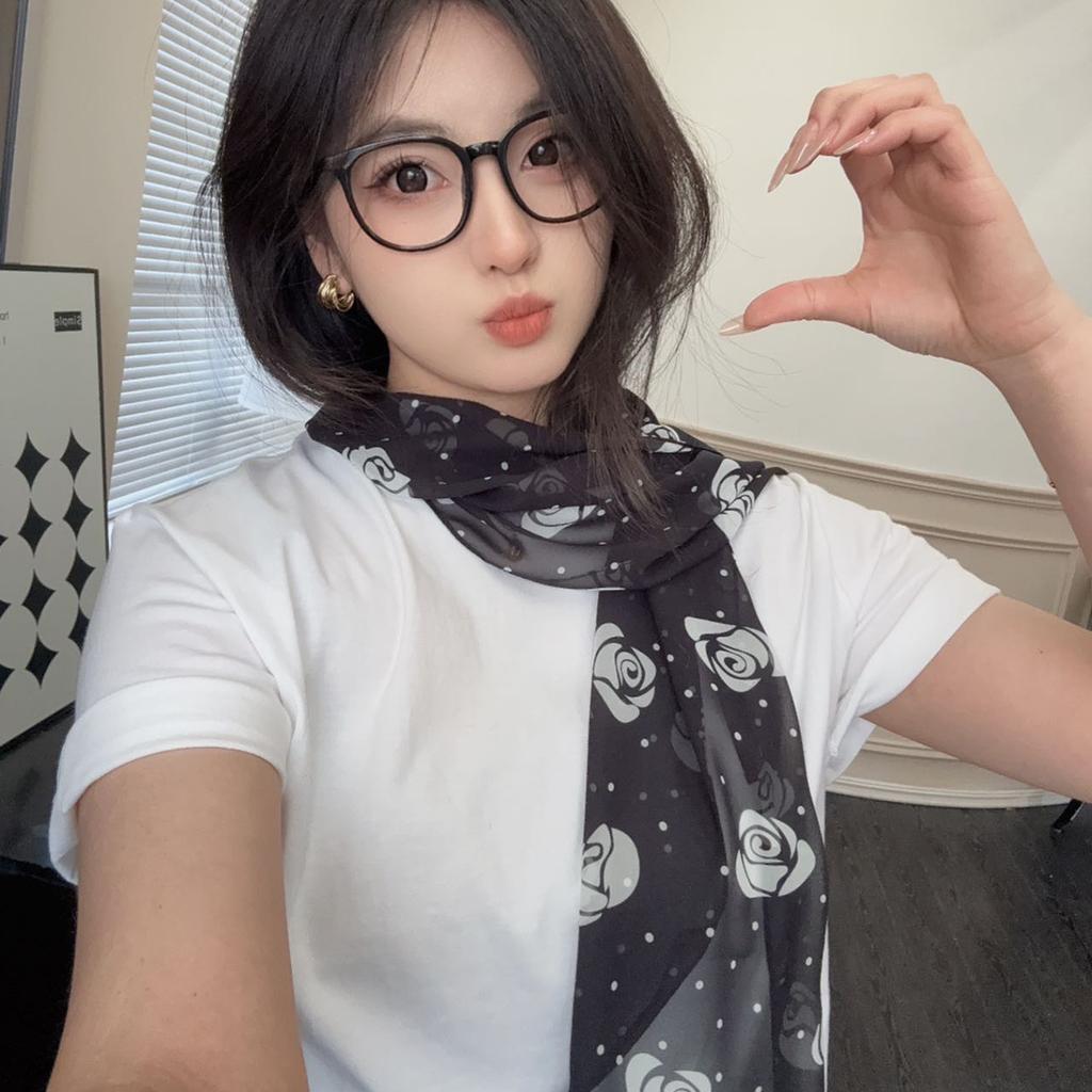 Zhang Ruonan'S Same Korean Black Polka Dot Silk Scarf, High-End Neck Accessories, Multi-Functional Versatile Shirt Decoration
