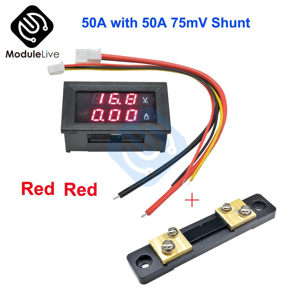 DC 100V 50A Voltmeter Ammeter Blue+Red LED Amp Dual Digital Volt Amp Meter Gauge+50A75mV FL-2 50A Shunt Voltmeter Car Module