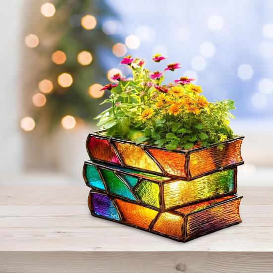 Yousheng Gestapelte Folianten Blumentopf Harz Dekorativer Sukkulenten Pflanztopf Schreibtisch Bunter Buch Pflanztopf für Buchliebhaber Geschenk Heim Büro Deko