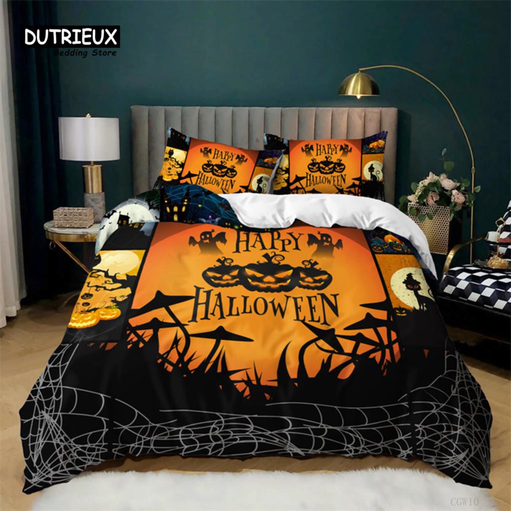 Cartoon Pumpkin Duvet Cover Gothic Halloween Skull Bedding Set Polyester Lantern Ghost Comforter Cover King For Boys Girls Decor
