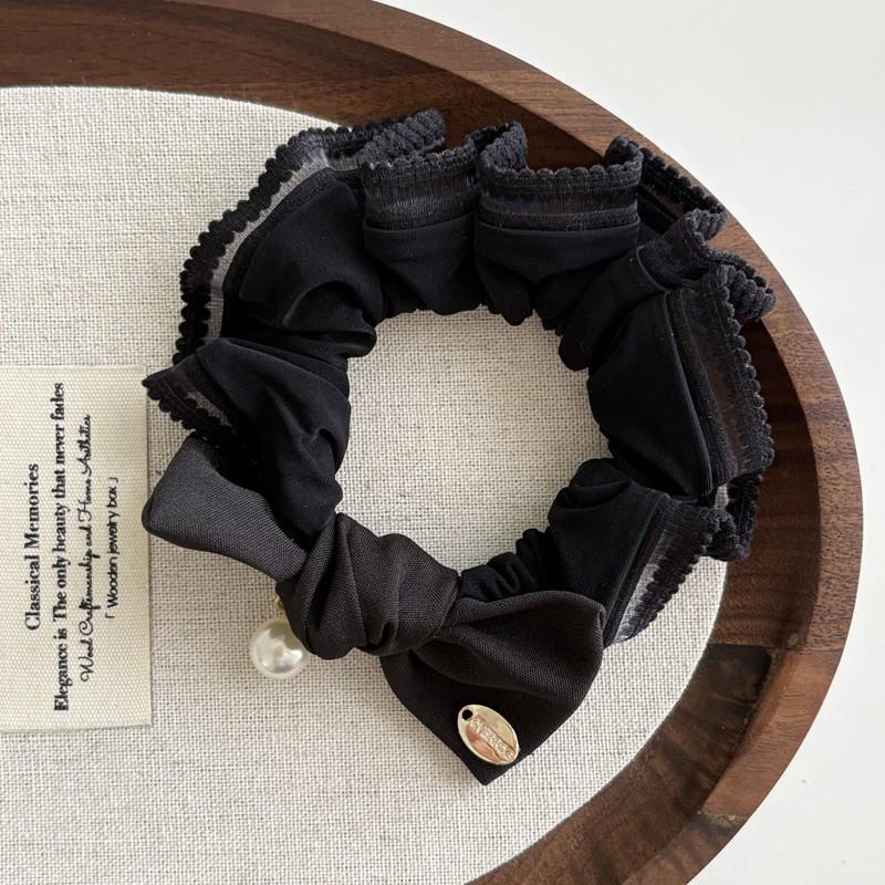 French Lace Trim Hair Tie Women - Elastic Ponytail Holder With Bow Sweet Style Accessory Black Lace Trim