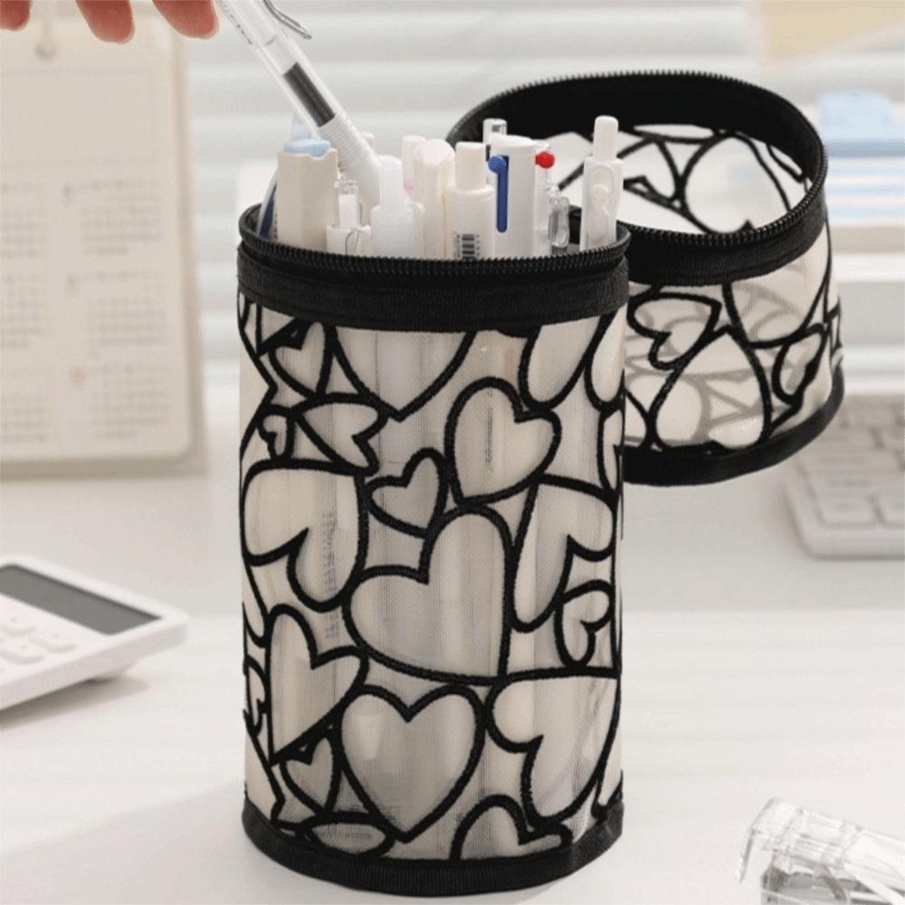 Mesh Mesh Pencil Case Love Heart Mesh Makeup Pouch Pencil Case Mesh Storage Bag  School Supply