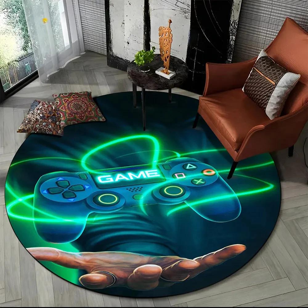 Game Controller Round Area Rug Cartoon Gamer Circle Carpet Rug for Living Room Children's Bedroom Sofa Decor Non-slip Floor Mat