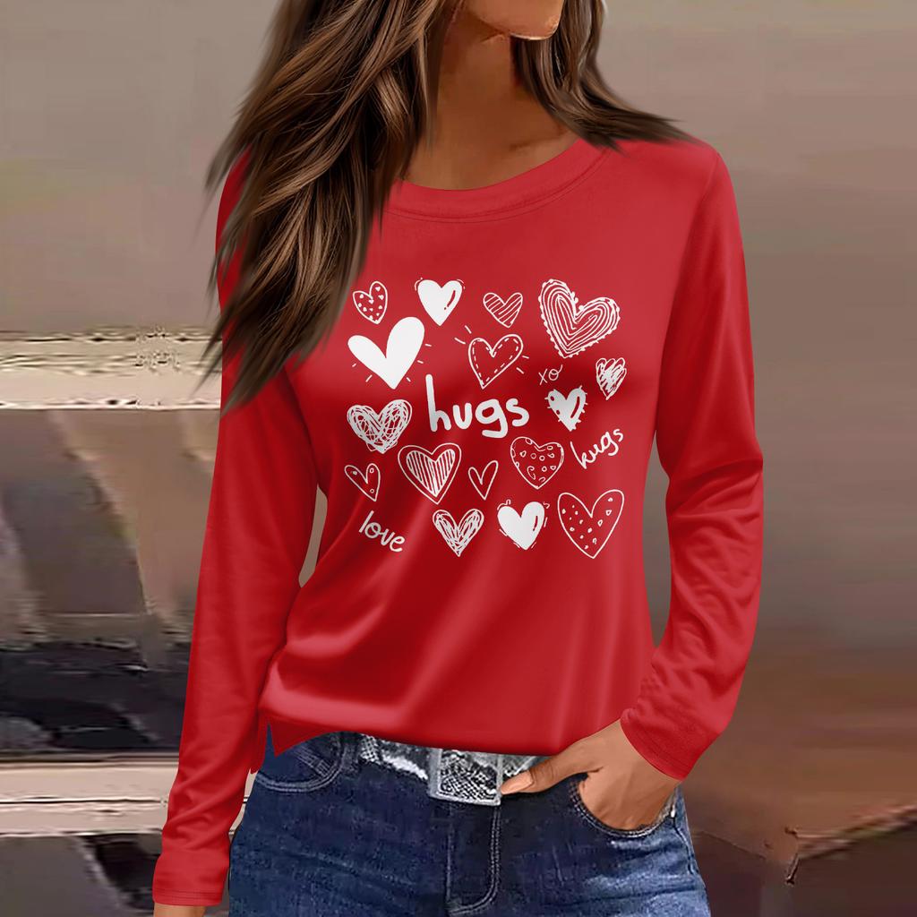 Women's Fashion Casual Slit Hem Round Neck Long Sleeve Loose  Printed T-Shirt Ladies Top