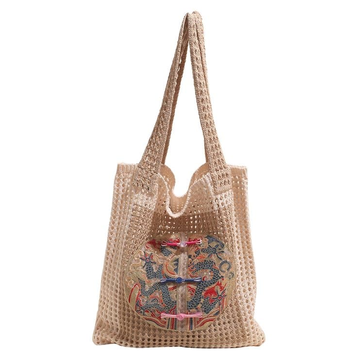 Beige national wind dragon pattern embroidered woven tote bag