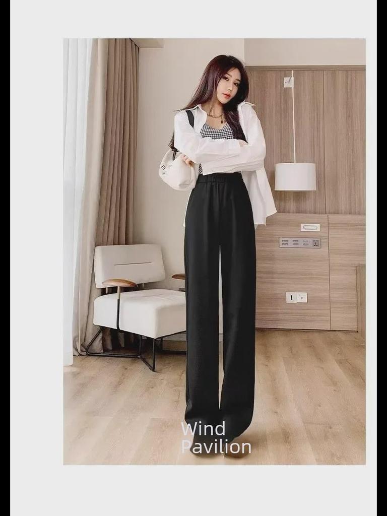 Women's Black Wide-Leg Suit Pants, 2024 Spring Design, High-Waist, Loose Drape, Floor-Length Casual Trousers