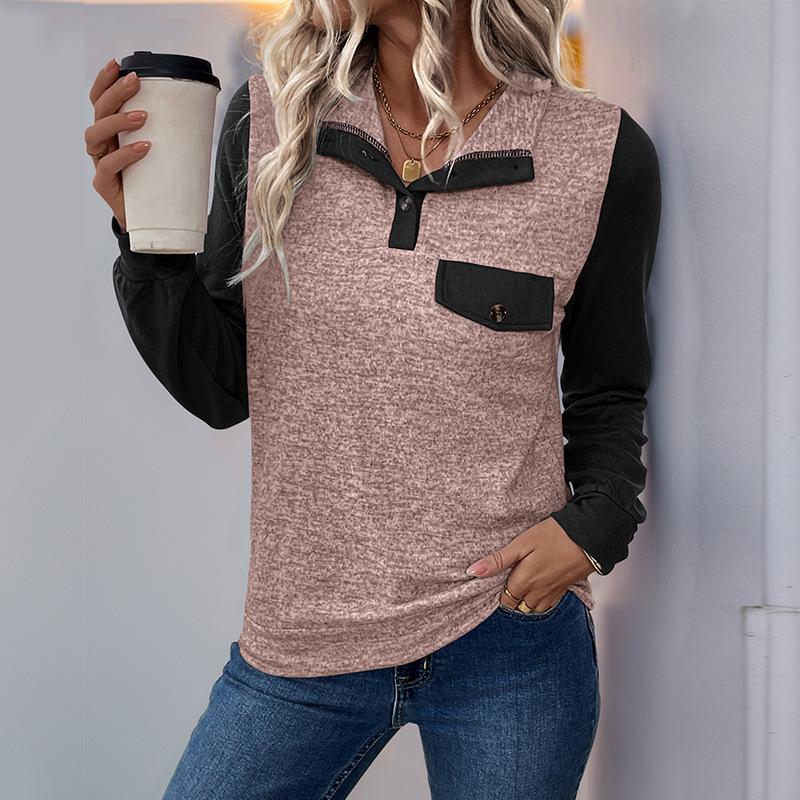 New Autumn and Winter Products Contrasting Color Spliced Sweat Shirt Top Pullover Lapel Zipper Casual Versatile Top for Women