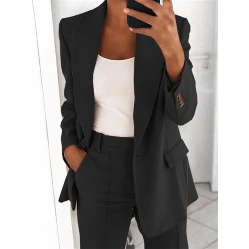 Damen Revers Langarm Blazer Hose 2-teiliges Outfit Elastische Taille Einfarbig Business Casual Anzug Set