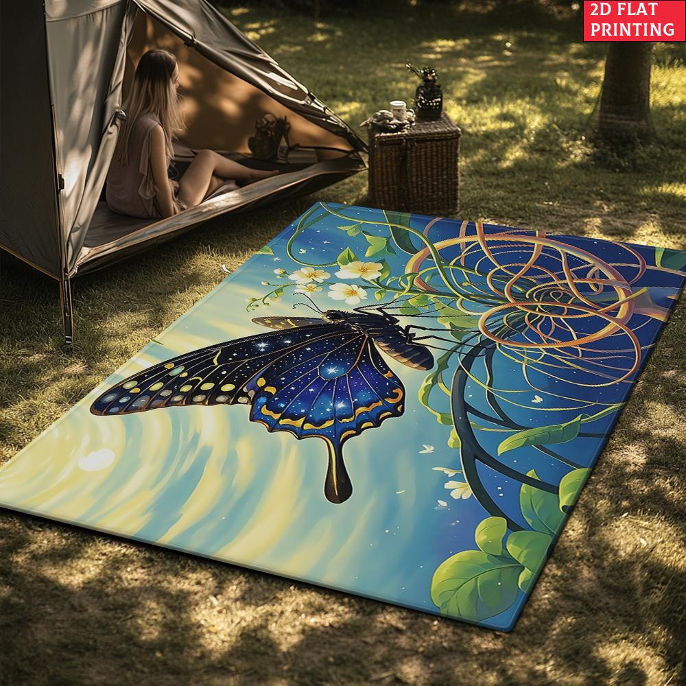 Galaxy Starry Sky Butterfly Area Rug, Non-Slip Floral Print Carpet for Living Room Bedroom, Aesthetic Boho Floor Mat Home Decor