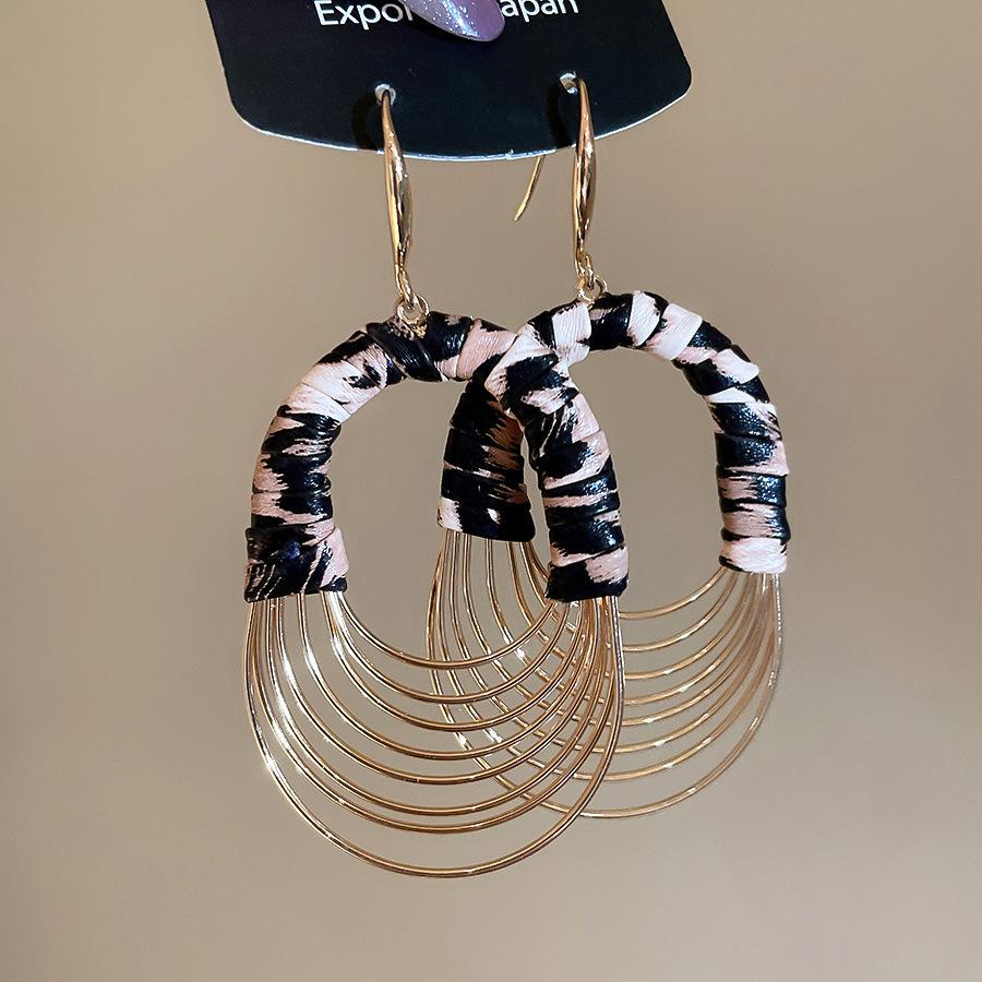European and American retro fabric flower fringed leopard print earrings earrings personalized temperament earrings women