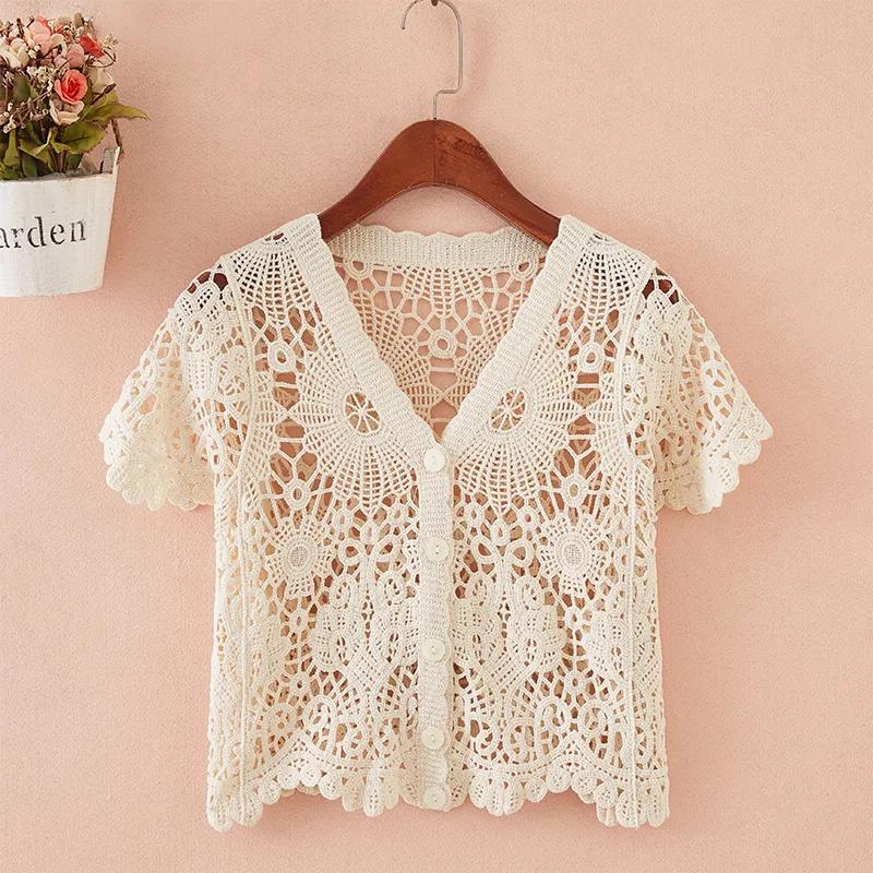 Womens Summer Short Sleeve Black Lace V Neck Button Down Cardigan