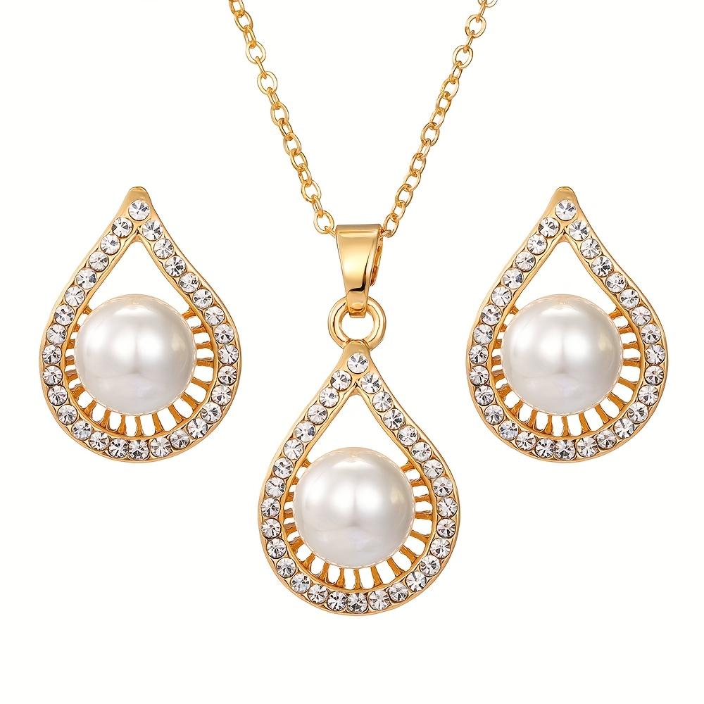Wedding accessories set: necklace and earrings, water drop-shaped with rhinestones and imitation pearls