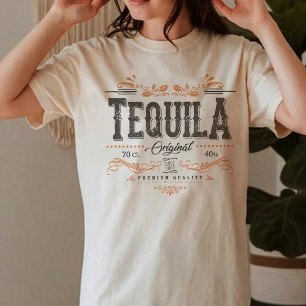 Women Vintage Tequila T-Shirt Short Sleeve Alcohol Drinking Lover T-Shirt Hippie Retro Western Graphic Tees Unisex Cotton Tops