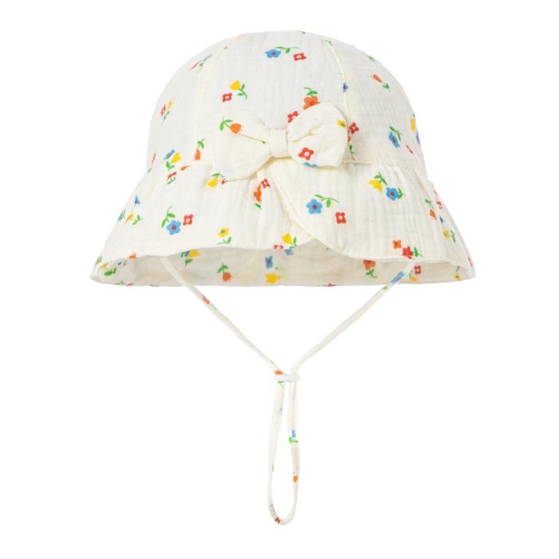 Baby Girls Floral Sun Hat 0-12 Months Princess Style Cotton Bucket Hat with Cute Bowknot and Adjustable Chin Strap for Summer Outdoor 1 piece pack(0-12M)