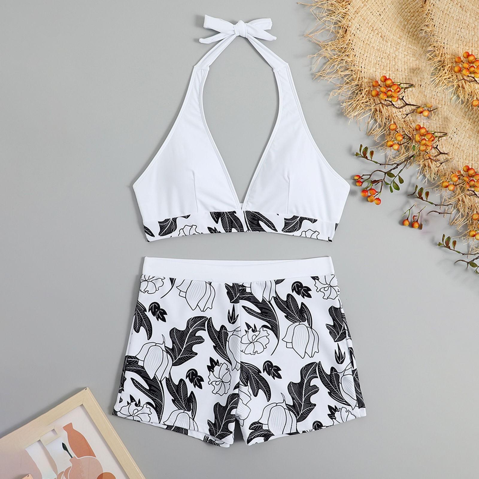 

Women s High-Waisted Square- Printed Patchwork Swimsuit L білий