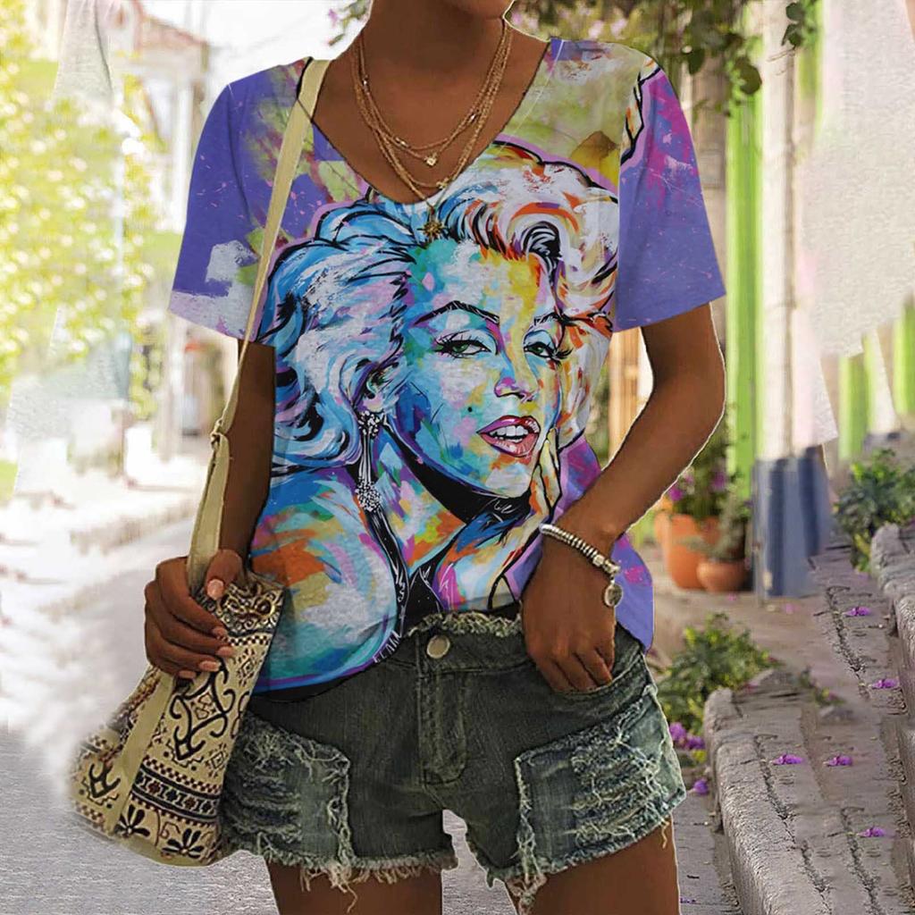 3D Painting Face Women's T-shirt Basic Harajuku Tops Summer Casual Short Sleeve V-Neck Loose Streetwear Female Fashion Pullover