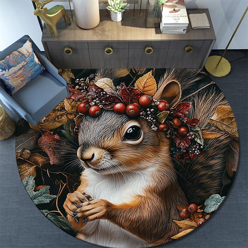 Herbst-Eichhörnchen Runder Teppich, Teppich für Wohnzimmer Schlafzimmer Sofa Spielzimmer Dekor, Rutschfeste Fußmatte