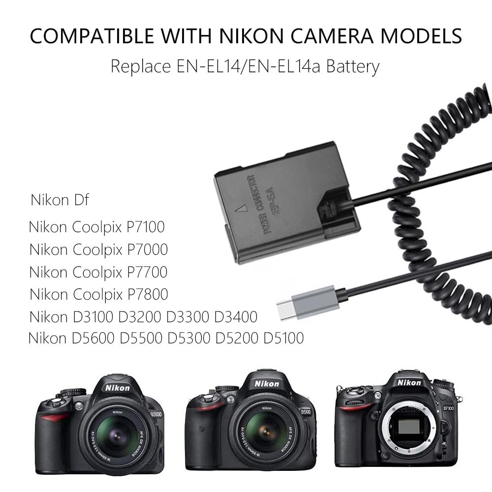 PD USB-C To EP-5A EN-EL14 Dummy Battery Power Adapter for Nikon D3100 D3200 D3300 D3400 D3500 D5100 D5200 D5300 D5500 D5600