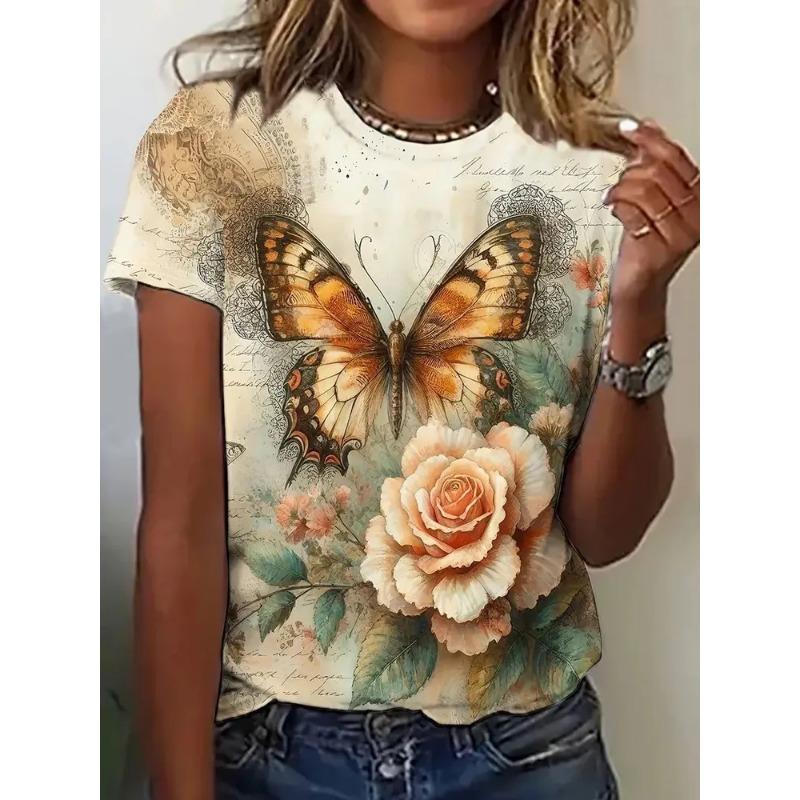 Women's Summer Round Neck Short Sleeved T-shirt with 3D Romantic Rose Print Casual Top Breathable Machine Washable Suitable for Outdoor Daily Wear