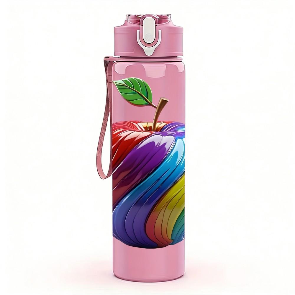 1PC Rainbow Marble Apple Fruit Print 750ml Color Plastic Sports Water Bottle Leakproof Flip Straw Lid Suitable for Sports Office Home Use