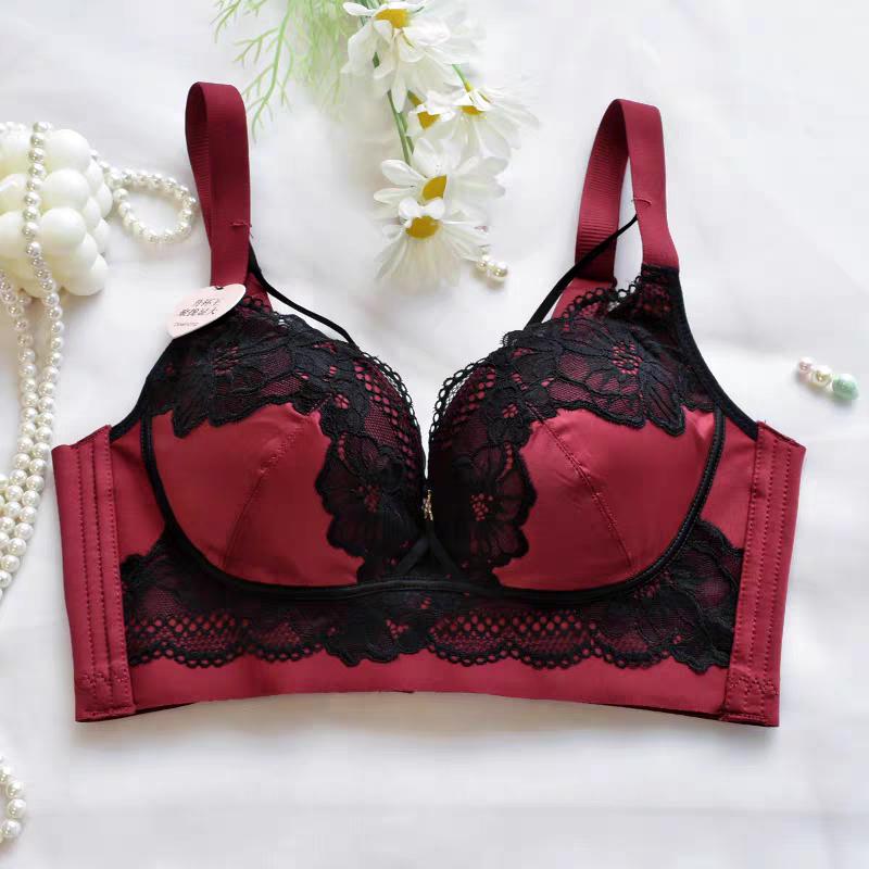 Sexy Kontrasterende Blonder Brystjusterings-BH-sett for Liten Byste Samlet Middelstykke Kopper Sideforhold Brystkontroll