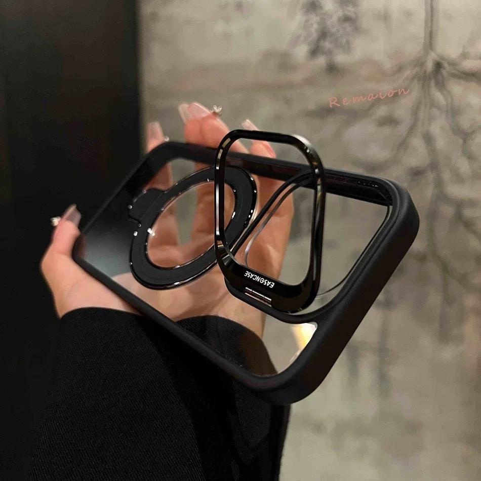 New Gold 16 Magnetic Glass Lens Stand Phone Case for iPhone 16 11 13 15 12 14 Pro Max 16 Plus Funda Magsafe Clear Cases Cover