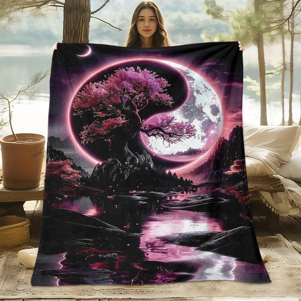 A Soft And Comfortable Digital Printed Blanket Featuring a Dreamy Cherry Blossom Design, Suitable for All Seasons, Perfect for Use on The Sofa, Made o