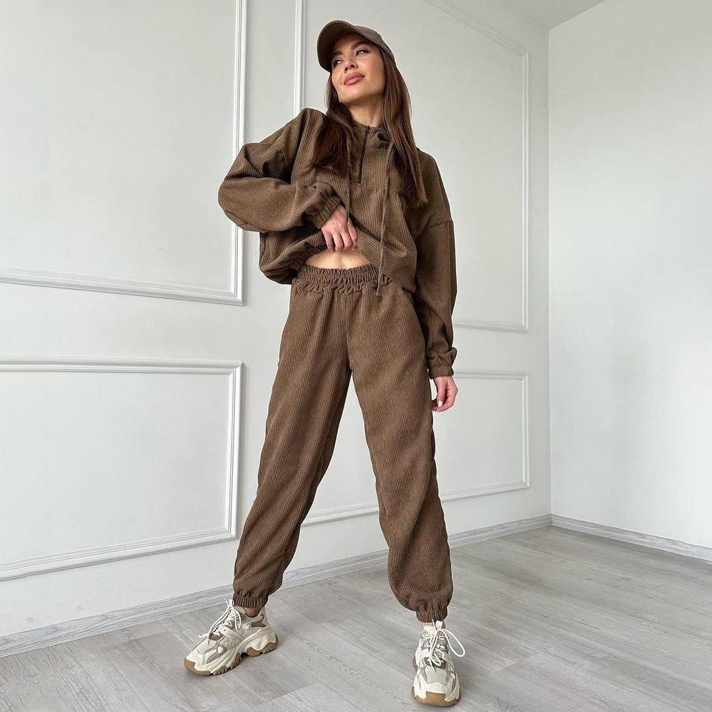 Women Solid Color Long Sleeve Hooded Hoodies Suit Autumn Winter Loose Top Wide Leg Pants