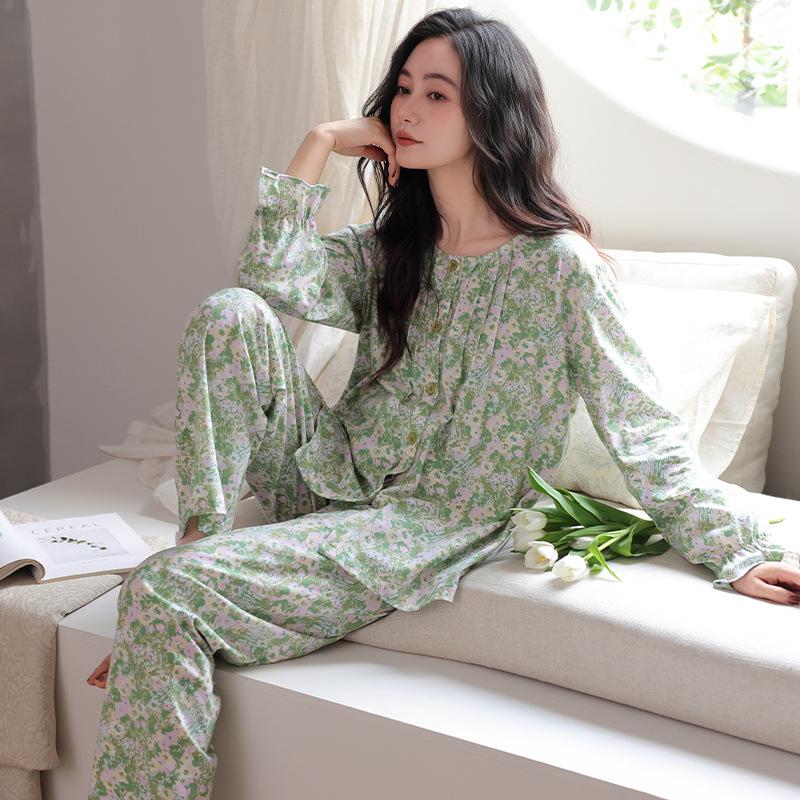 Pajamas Women's Spring and Autumn Pure Cotton Long-sleeved Large Size Can Be Worn Outside, High-end Casual Fashion Cotton Loungewear Suit