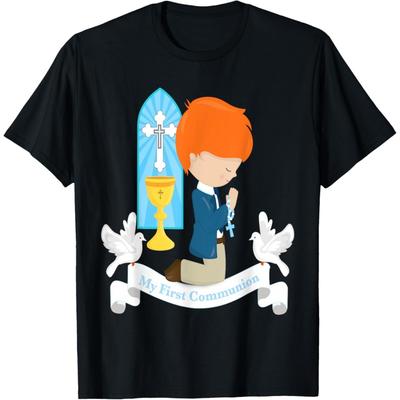 1st Communion Shirt Red Hair Boys Rosary Prayer Chalice T-Shirt