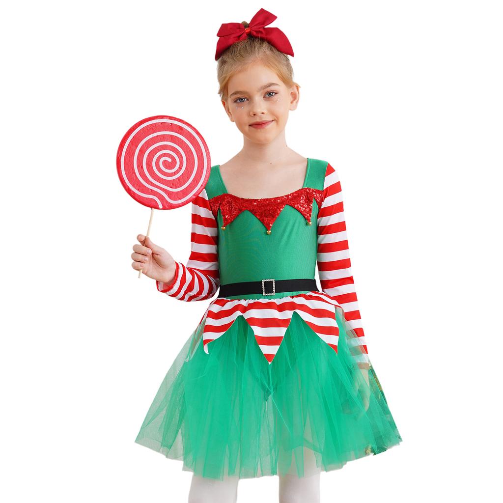 Girls Christmas Elf Costume Santa Little Helper Dress Striped Tutu Bodysuit Holiday Party Suit