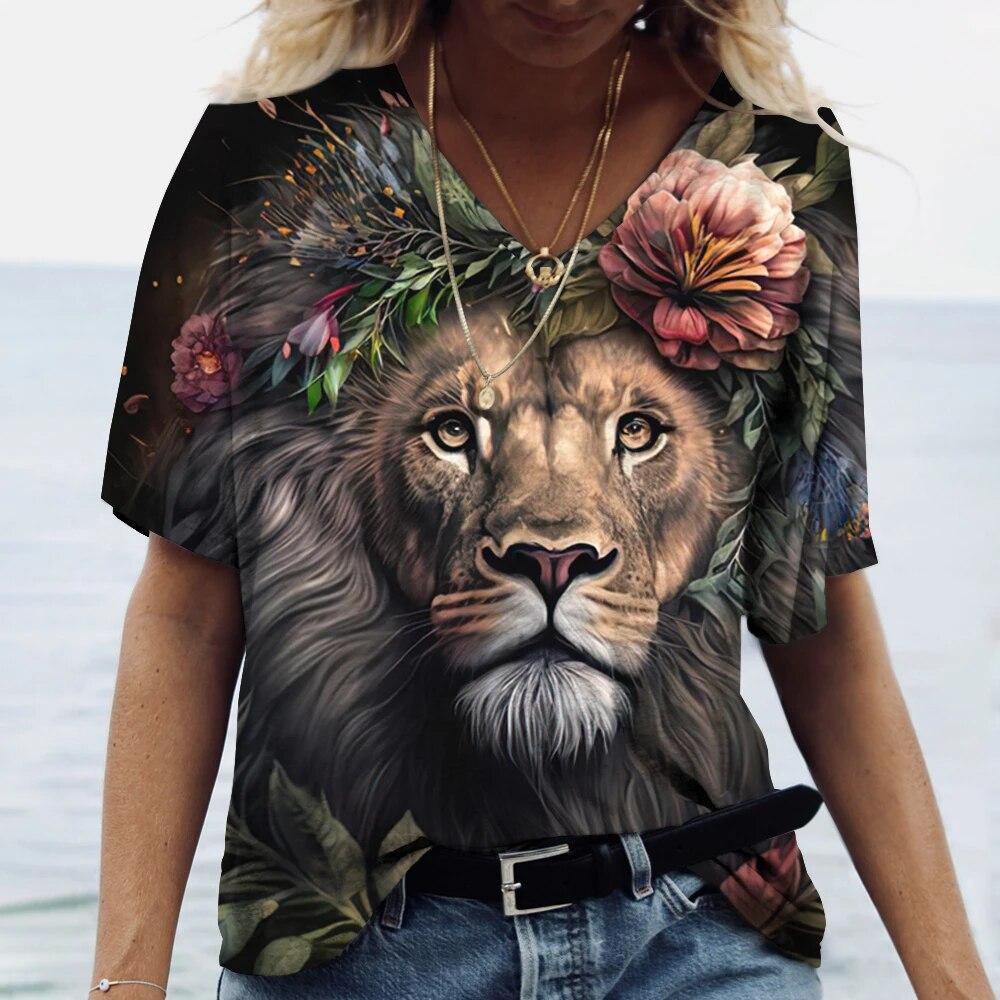 Summer V-neck 3D Animal Pattern Printed Top Fashionable Casual Short Sleeved Women's T-shirts