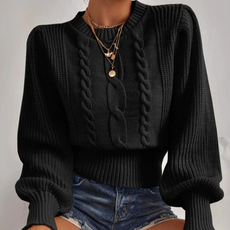 

Сплошной цвет вязаный свитер женский пуловер с круглым вырезом и рукавами-фонариками топ one size чёрный