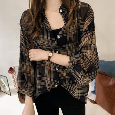 Spring Style Women's Shirt Loose BF Grid Shirt Women Long Sleeve Vintage Chic Korean Style Coat