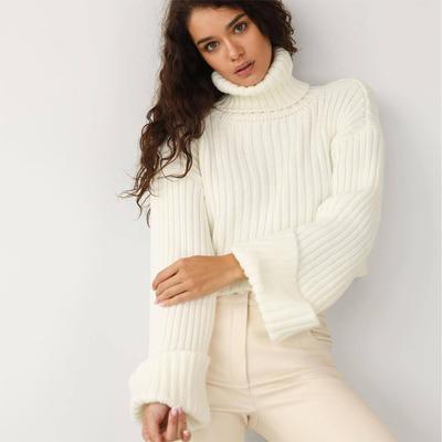 Turtleneck Sweater Women's Solid Color Striped Casual Top Cropped Flared Sleeves Pullover Knit