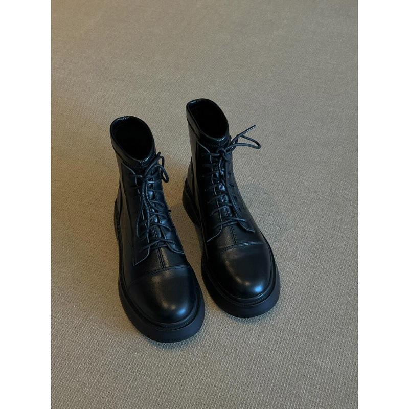 British Style Black Martin Boots Women's Round Head Thick Heel Thin Boots Thick-soled Strap Thin Short Boots