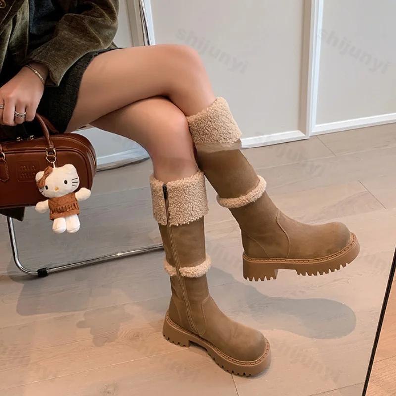 Thickened Lamb Wool Long Tube Snow Boots for Women New 2025 Autumn Winter Anti-slip Fleece-lined Cotton Shoes Knee High Boots