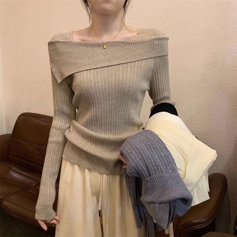 2024 Autumn One-Shoulder Slim Lapel Sweater – High-End Niche Design for Trendy Look