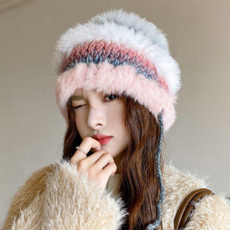 Ladies Hat Autumn and Winter Face Small Fluffy Wool Knitted Hat Tide Warm Ear Protection Fur Bucket Hat