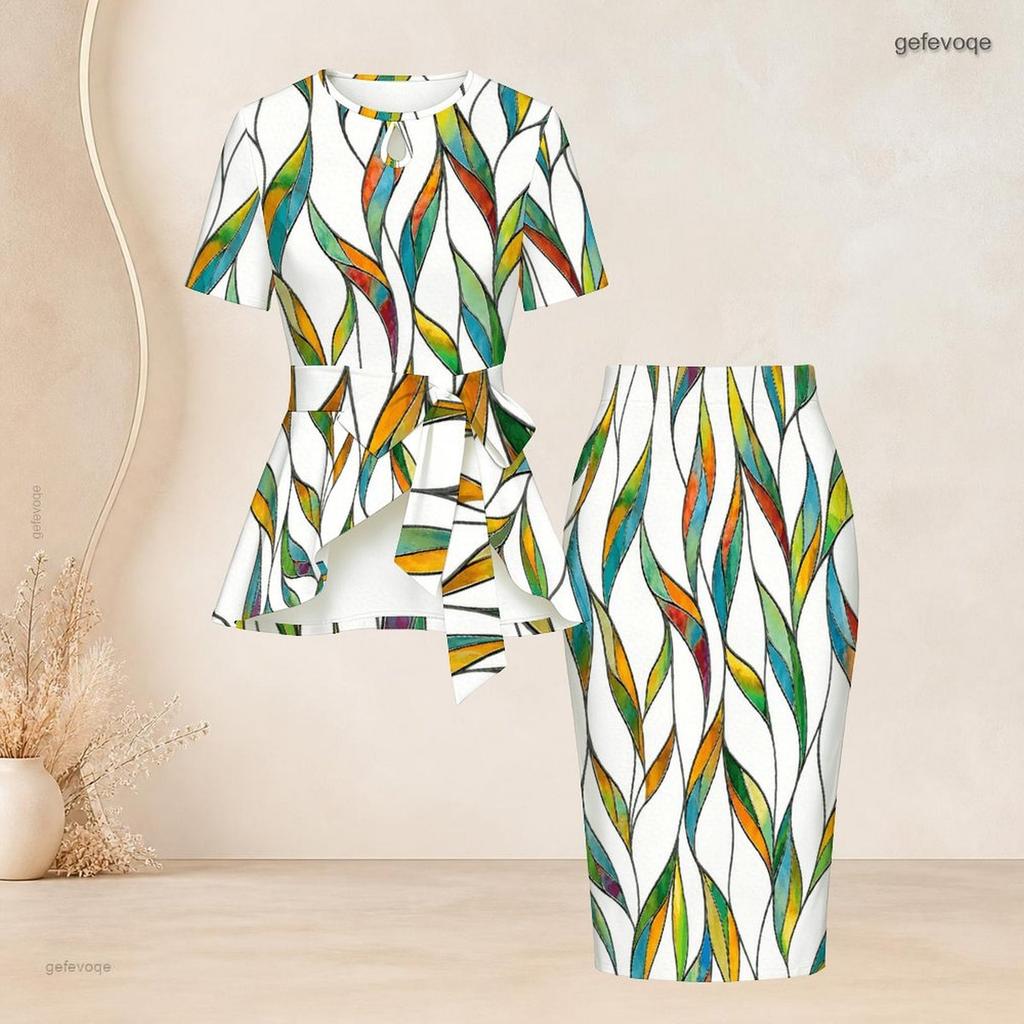 Women Plus Size Green Blue Printed Two Piece Skirt Set Round Neck Short Sleeve Tie Waist Top Fitted Skirt