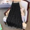 Plus Size Elastic Waist Pure Color Mesh Skirt Long Half-length Wave Pattern Pleated A- Line Commuter Style Polyester Fabric