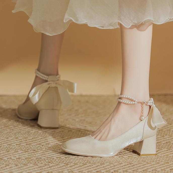 

2024 Новые женские туфли на высоком каблуке из шелка Мэри Джейн Туфли для вечеринки и свадьбы Туфли-лодочки принцессы Лолиты с бантом Туфли-лодочки с квадратным носком для невесты на каблуках 34