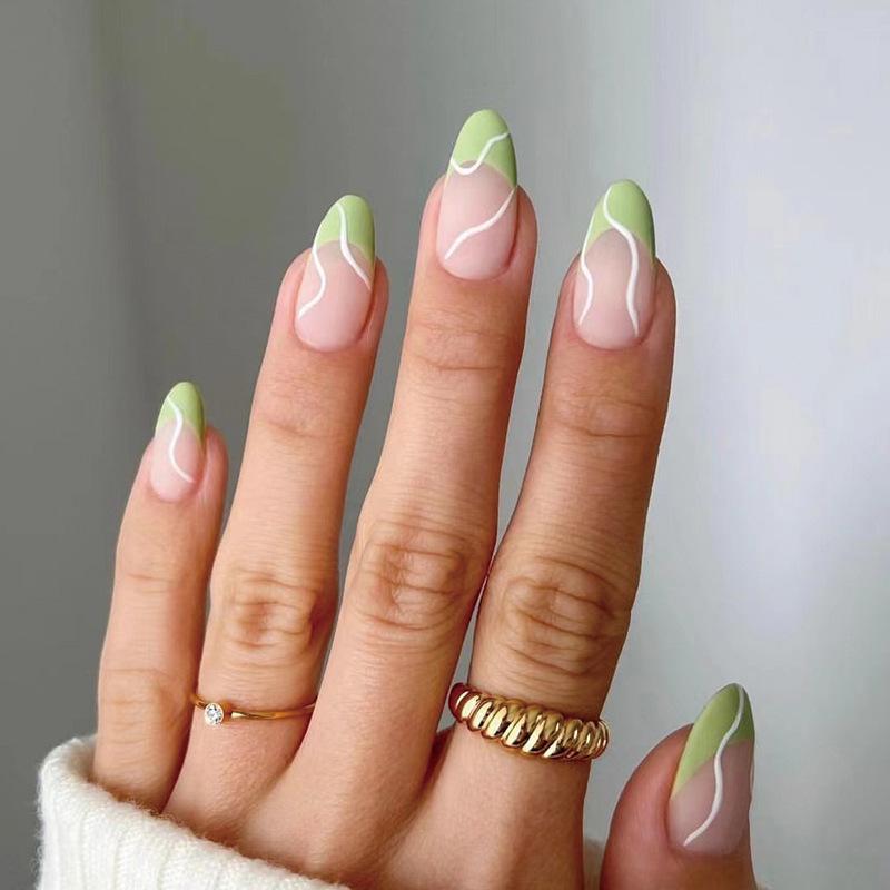 Wearing Nail Art Finished Frosted Green Edge French Wearing Nail White Waving Nail Piece Wearing Nail Nails
