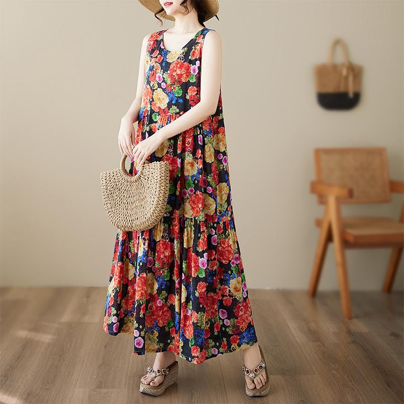 Dimanaf Plus Size Dress Summer Women Vintage Linen Elegant Style Sleeveless Floral Loose New Long Dress 8026