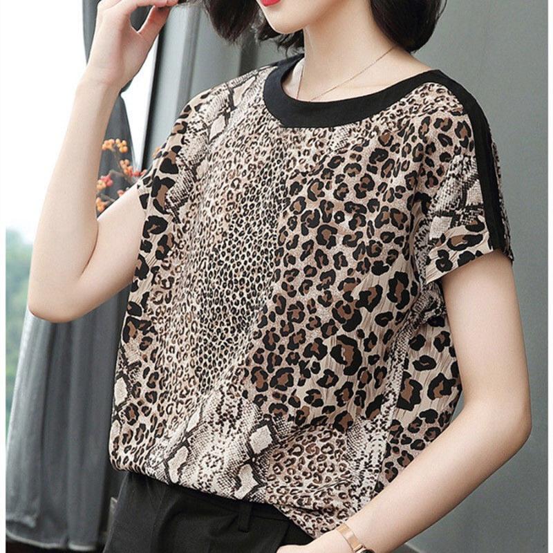 Short-sleeved T-shirt Women's Leopard Print Top Summer Women's Lose Slim Fashion Ice Silk Bottoming Shirt Women