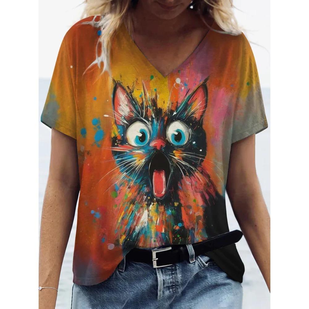 Summer V-neck Funny Cat Pattern 3D Printed Top Fashionable Casual Short Sleeved Women's T-shirts