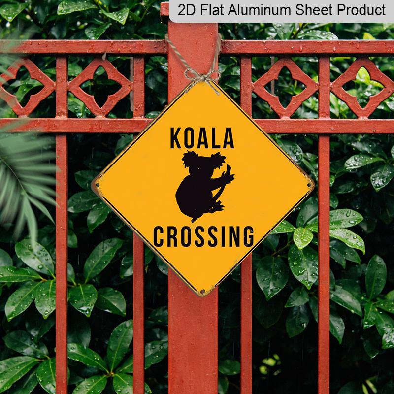 2D Flat 1pc, Vintage Koala Crossing Sign - Funny Warning Road Sign with Koala Crossing Xing Markings, Yellow Diamond Metal Caution Sign for